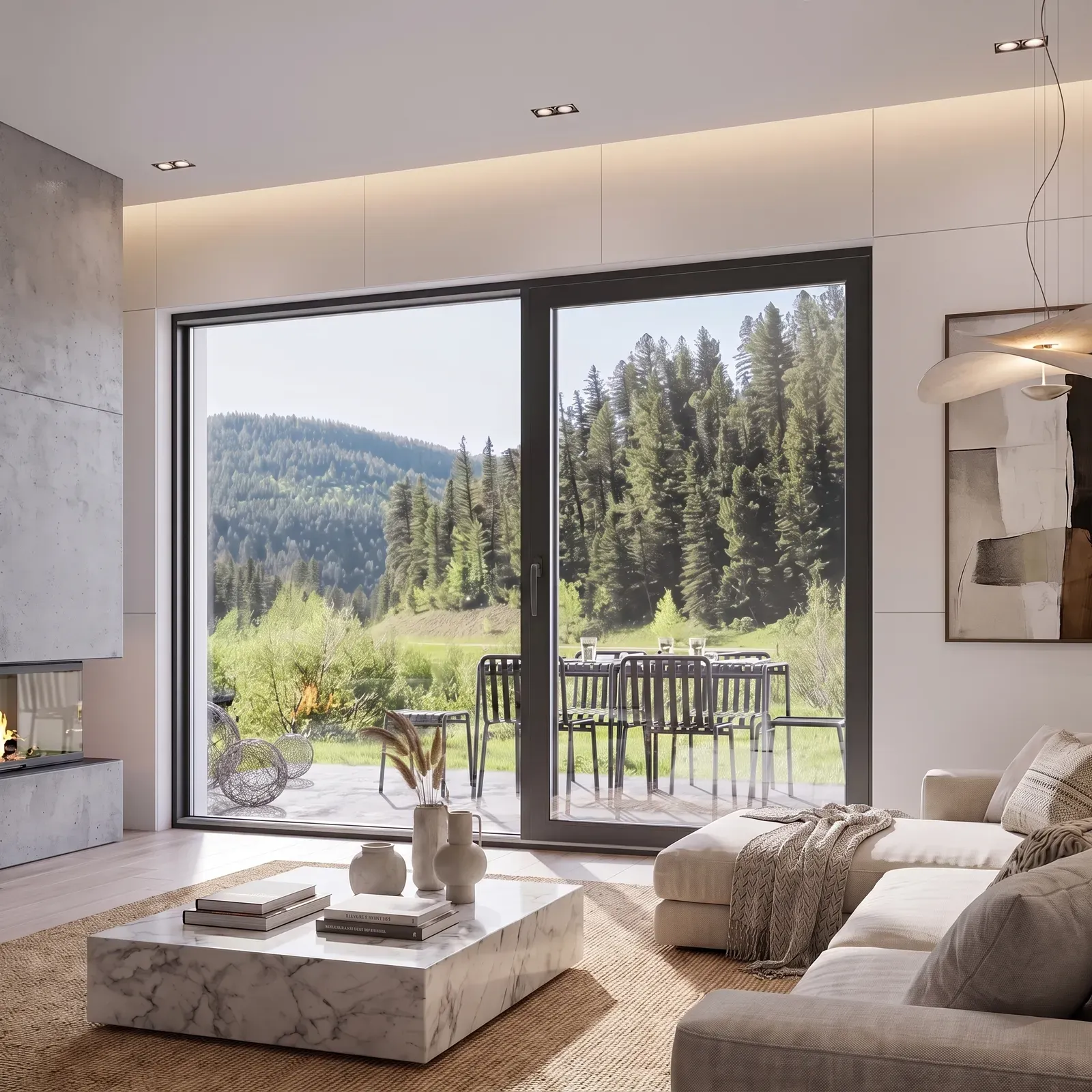Séjour contemporain avec cheminée ouvrant sur la montagne par une baie coulissante Innoslide anthracite