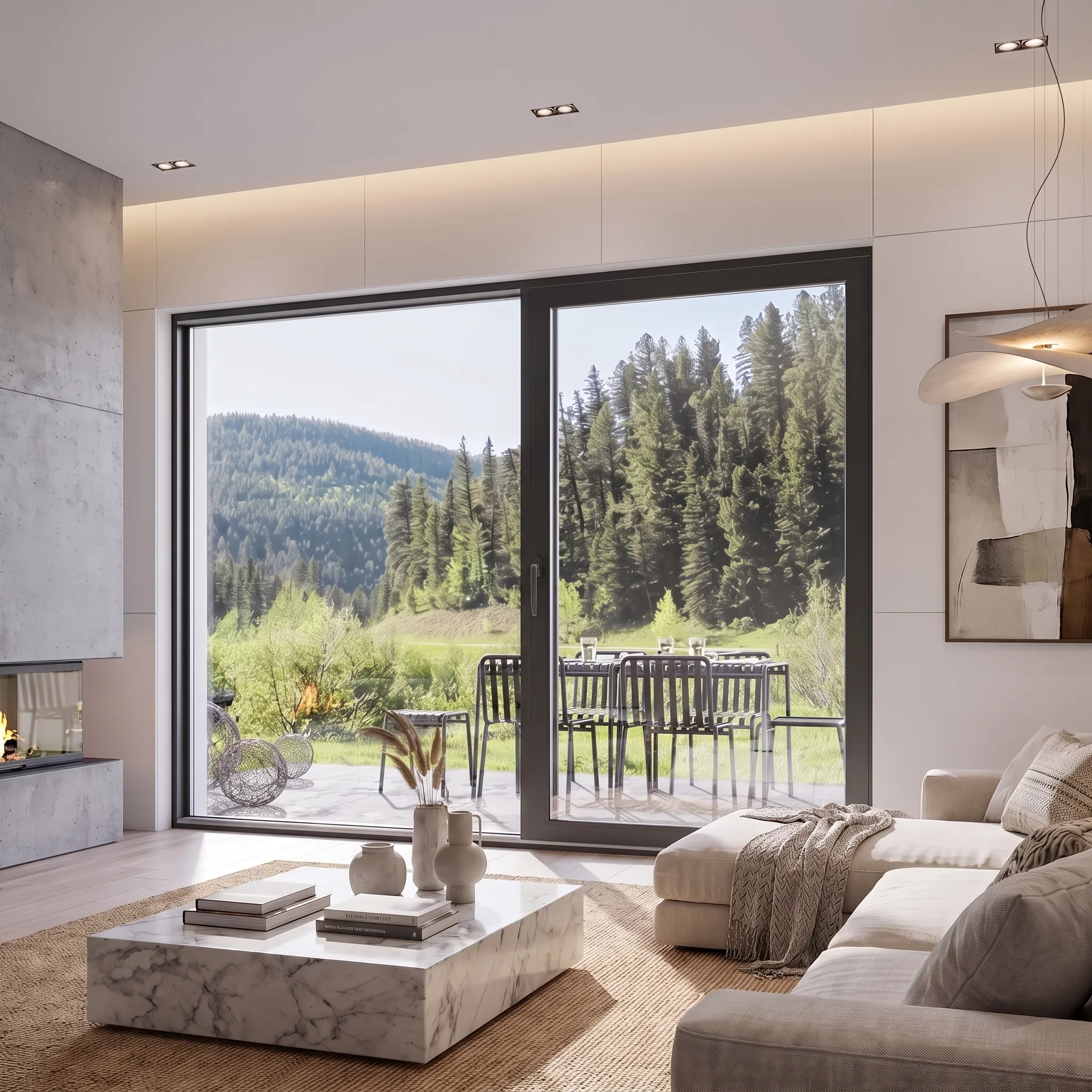 Baie vitrée aluminium anthracite dans un séjour contemporain ouvrant sur une terrasse