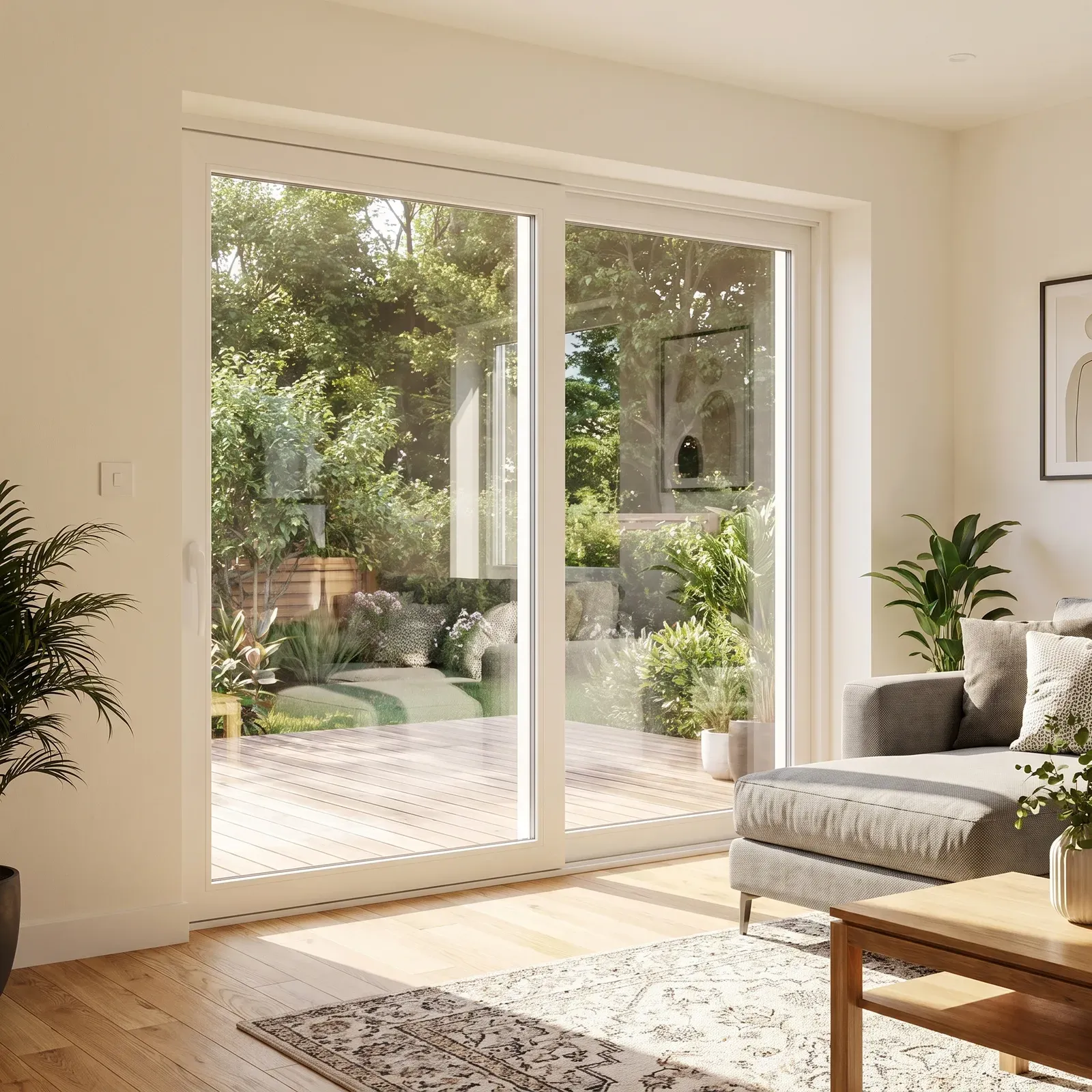 Baie vitrée coulissante PVC Perform blanche ouvrant sur une terrasse et un jardin