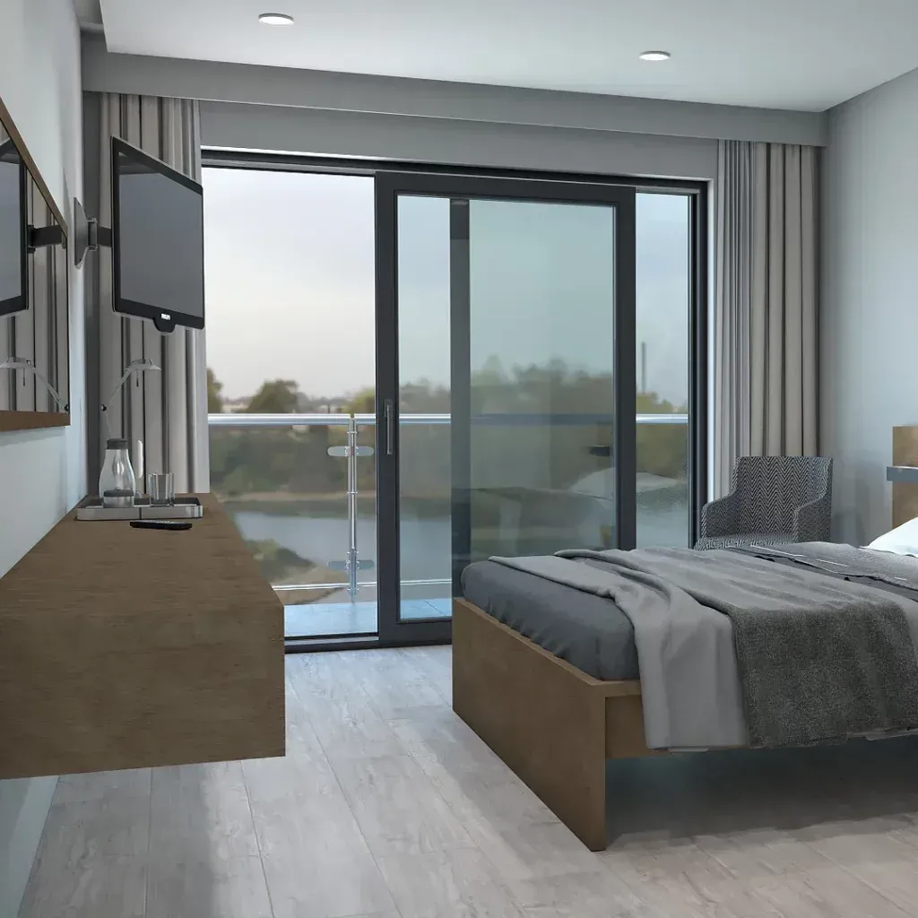 Chambre contemporaine avec une baie coulissante Innoslide anthracite ouvrant sur un balcon et un plan d'eau