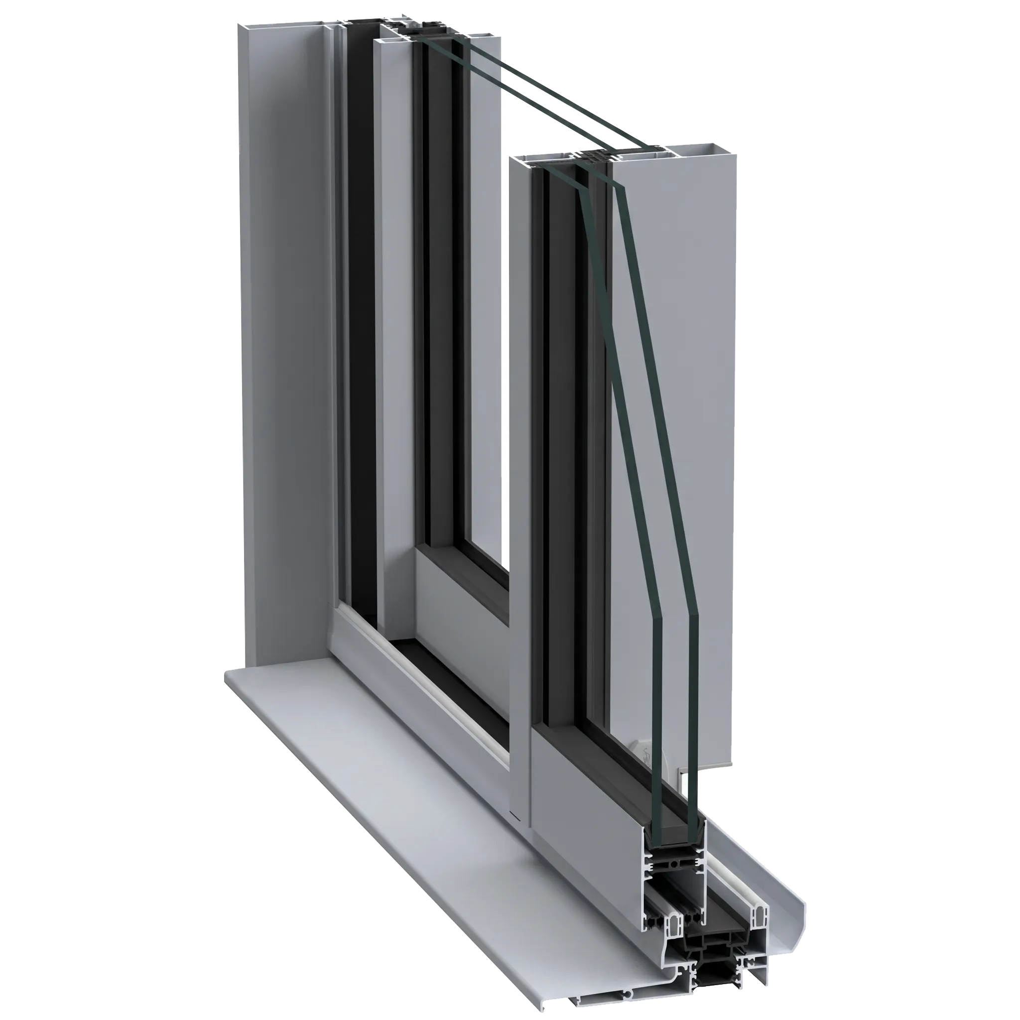 Coupe d'un profil de coulissant aluminium PROFERM — vue extérieure, rail, rupture de pont thermique et double vitrage