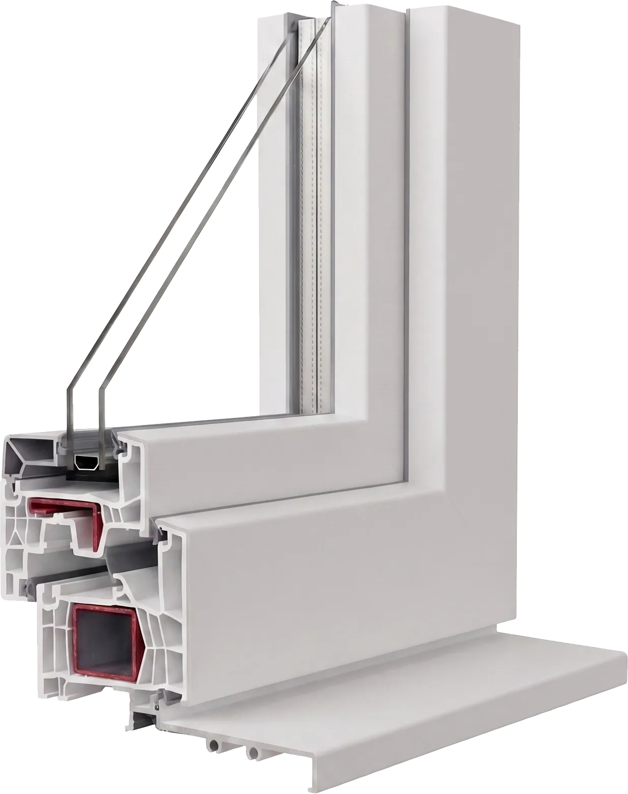 Coupe d'un profil hybride 76 PROFERM — chambres d'isolation et renfort acier
