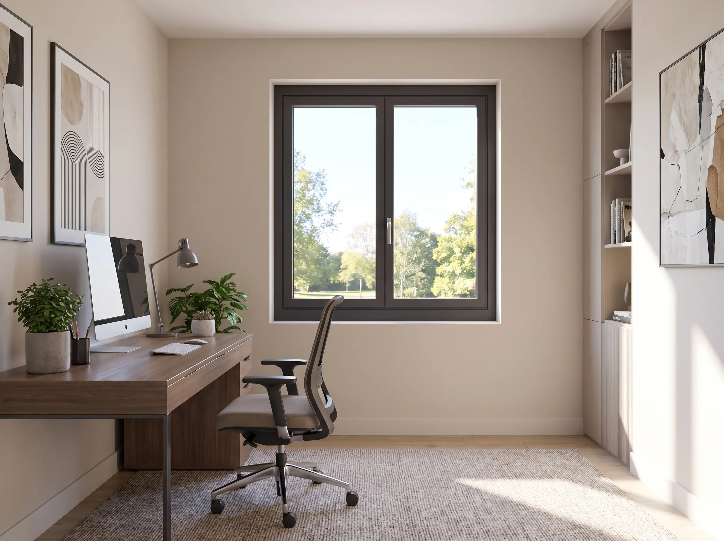 Bureau lumineux équipé d'une fenêtre aluminium anthracite PROFERM ouvrant sur un jardin