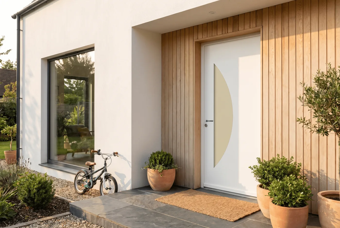Porte d'entrée PROFERM Hexa X-Rosalie blanche, courbe vitrée asymétrique, maison à bardage bois