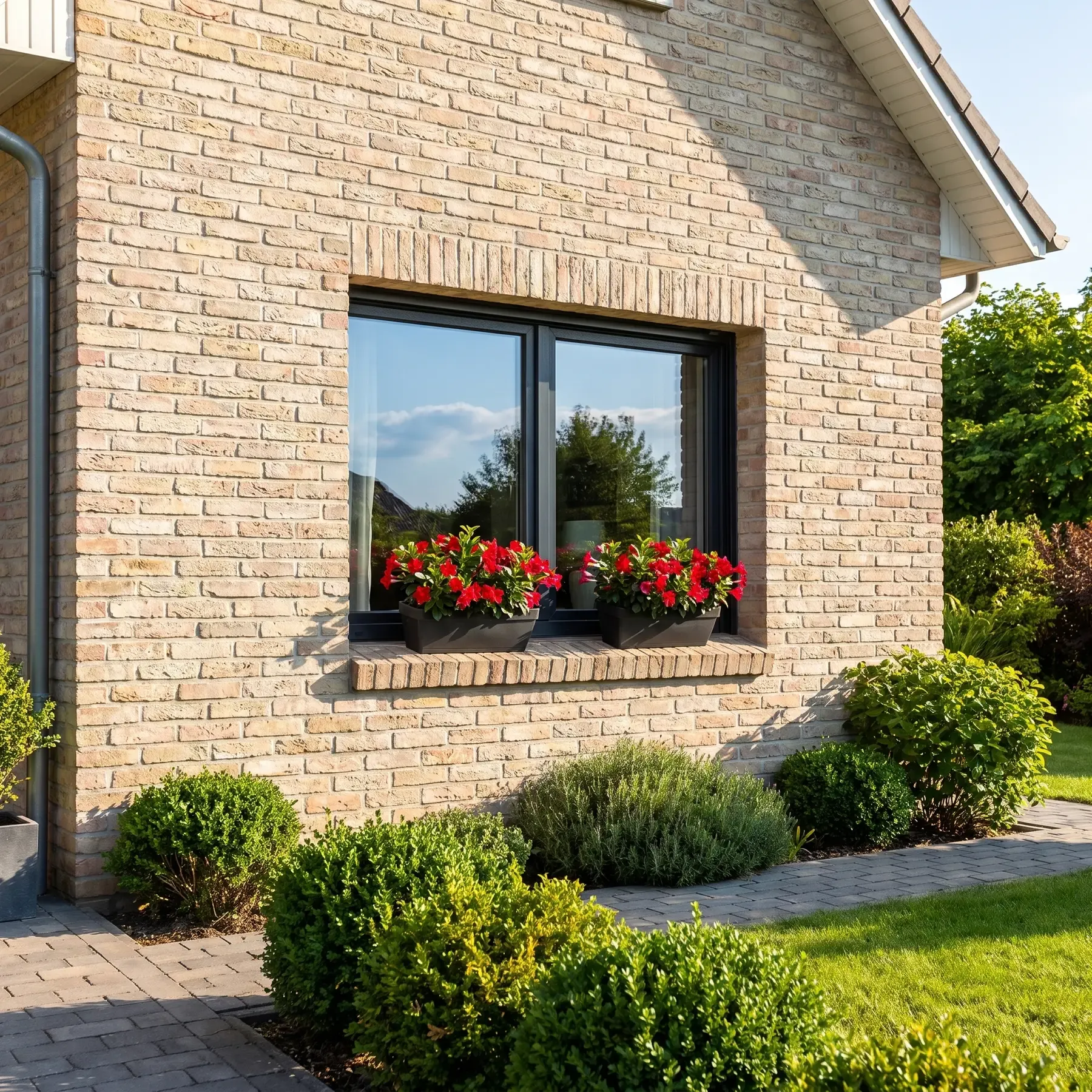 Fenêtre hybride 70 anthracite avec jardinières fleuries sur une façade en brique claire