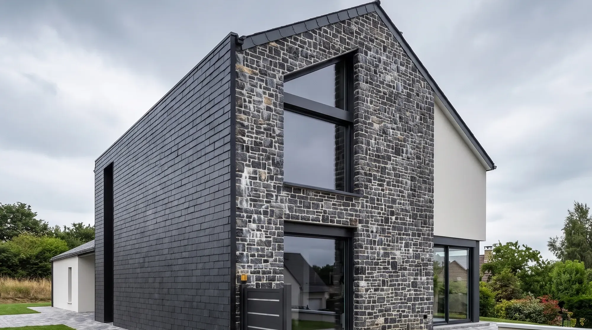 Maison contemporaine en pierre foncée avec grandes fenêtres hybride 76 anthracite
