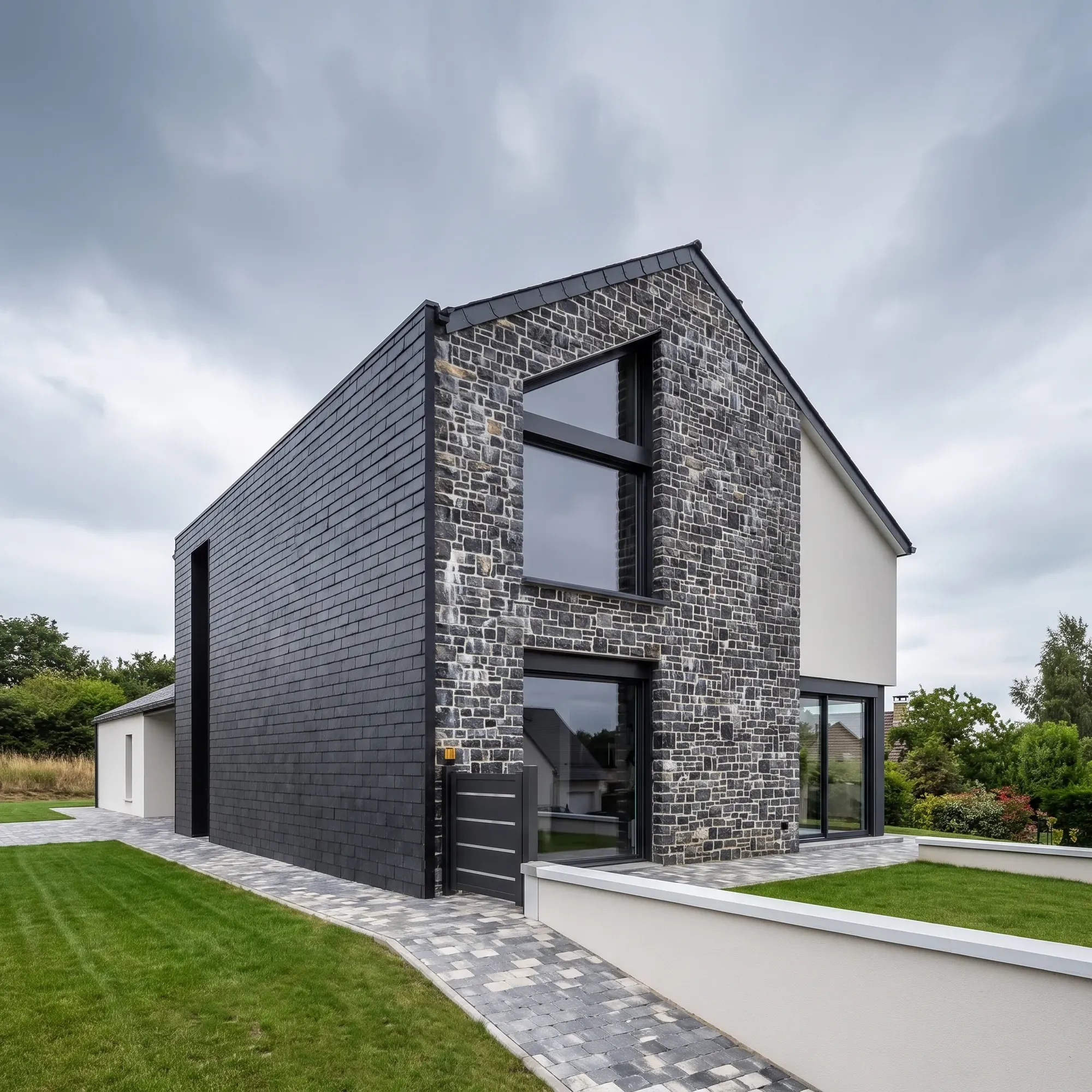 Maison contemporaine en pierre foncée avec grandes fenêtres hybride anthracite