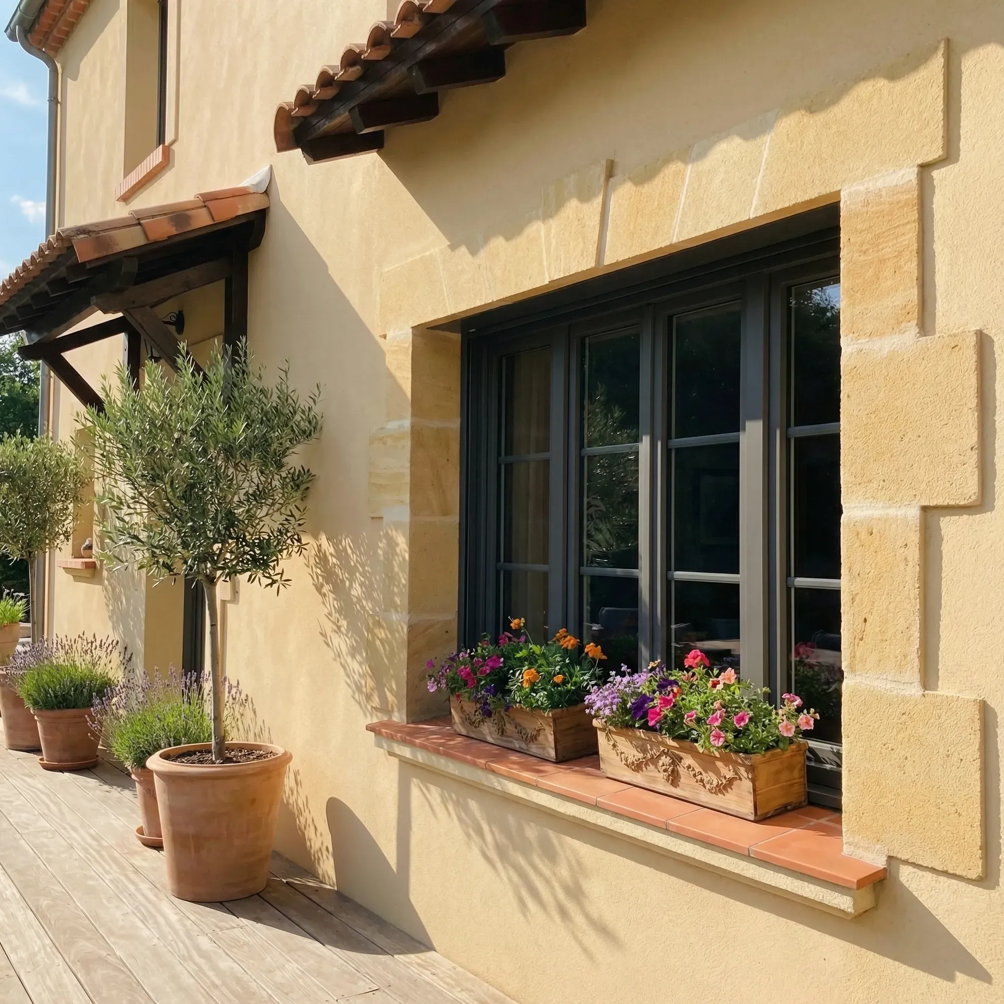 Fenêtre hybride 76 anthracite à petits bois sur une façade en pierre provençale
