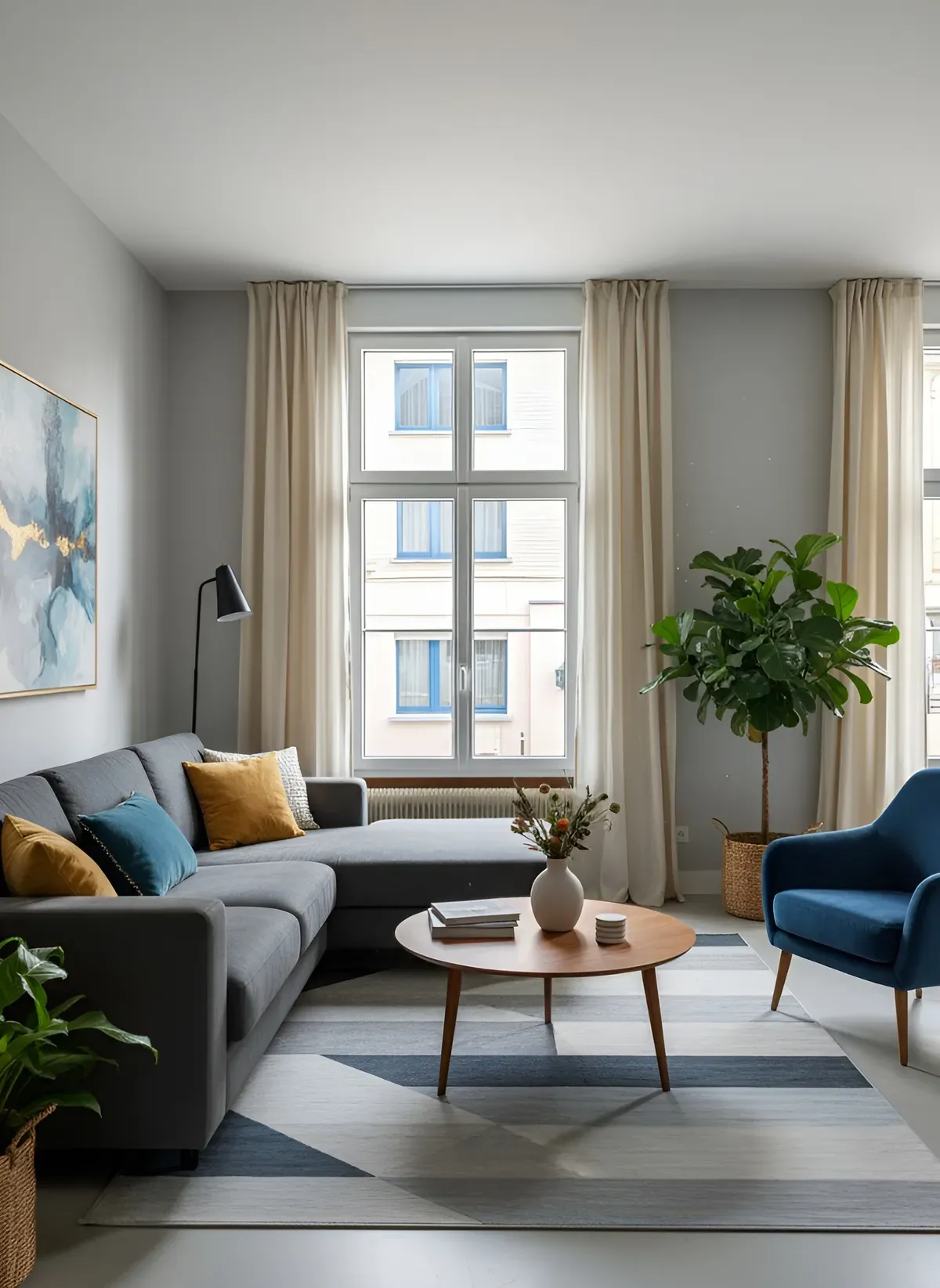 Salon lumineux avec une fenêtre hybride à l'intérieur PVC blanc ouvrant sur la rue