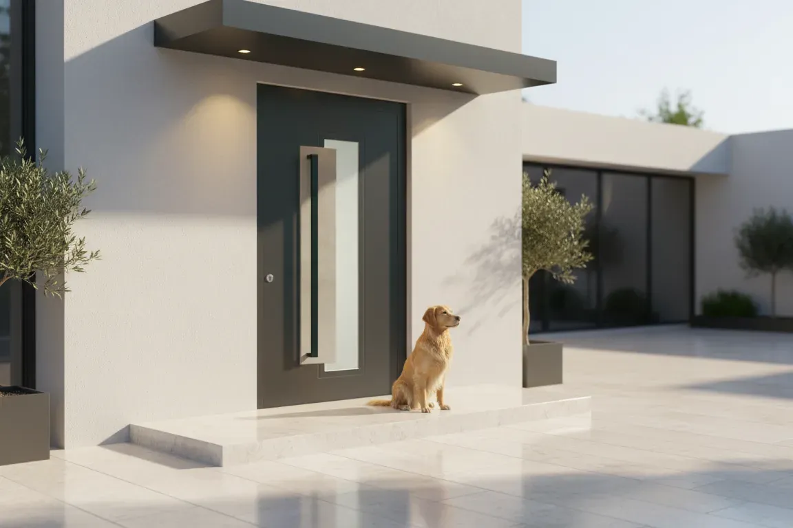 Porte d'entrée aluminium anthracite PROFERM devant une maison contemporaine