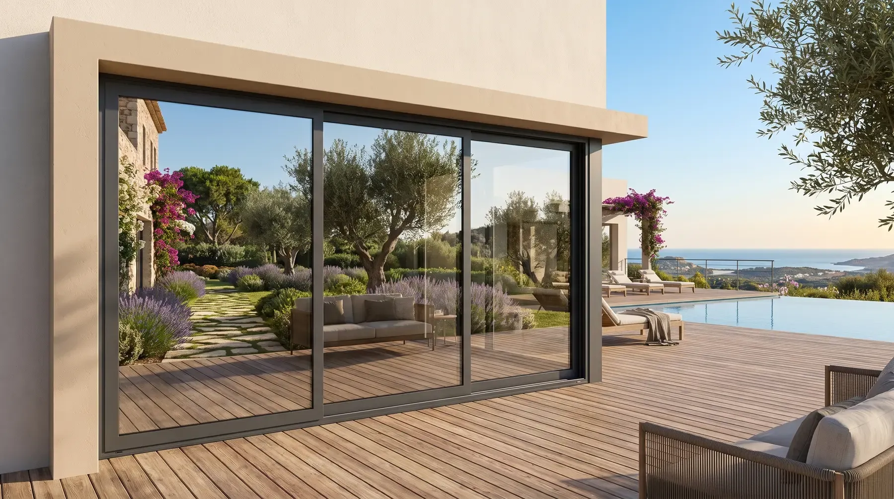 Villa méditerranéenne largement ouverte par un grand coulissant aluminium Luméal 55, terrasse en bois et vue sur la mer