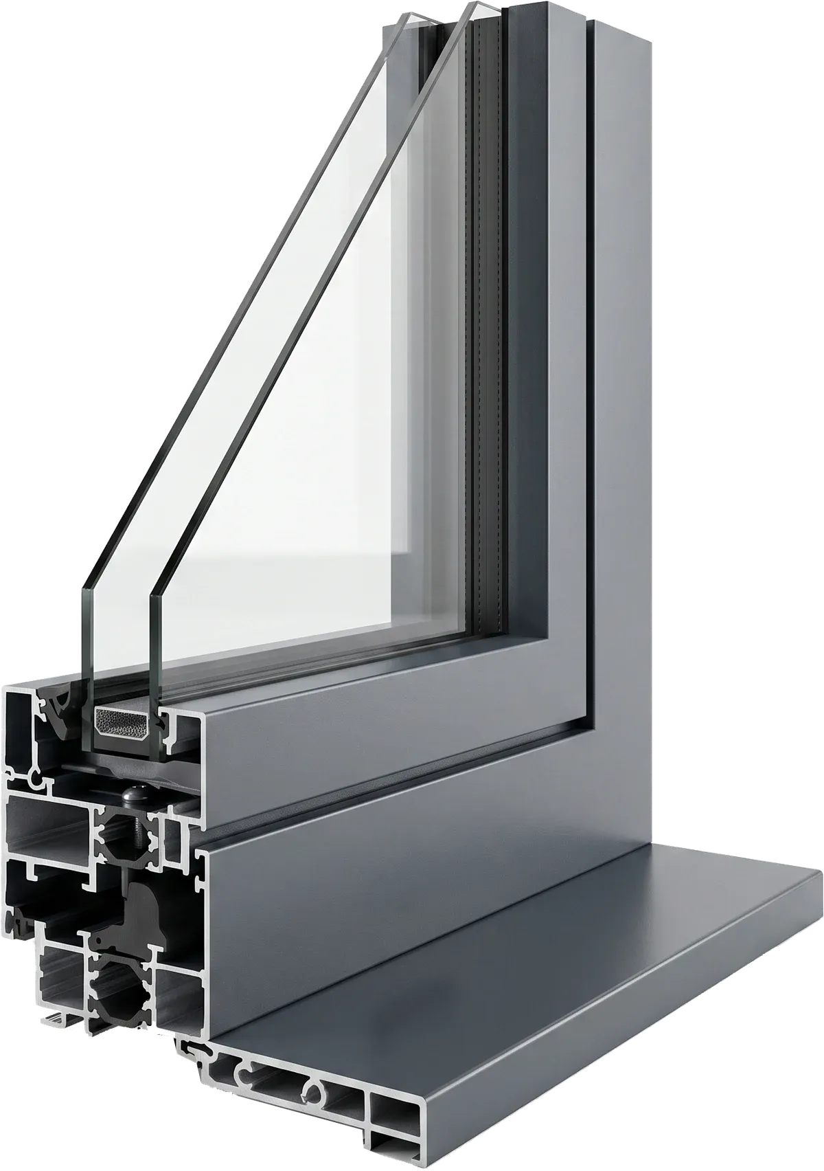 Coupe d’un profilé Aluminium PROFERM : profilé multichambre, renfort et double vitrage