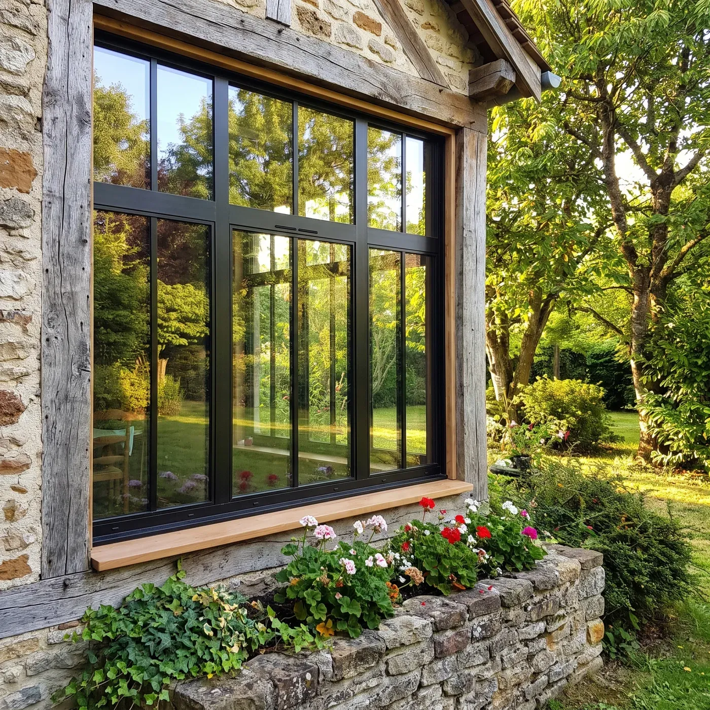 Grande fenêtre aluminium Lumine 55 noire dans une façade en pierre et bois