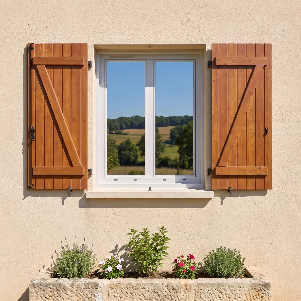Fenêtre aluminium Lumine blanche avec volets bois, vue sur la campagne