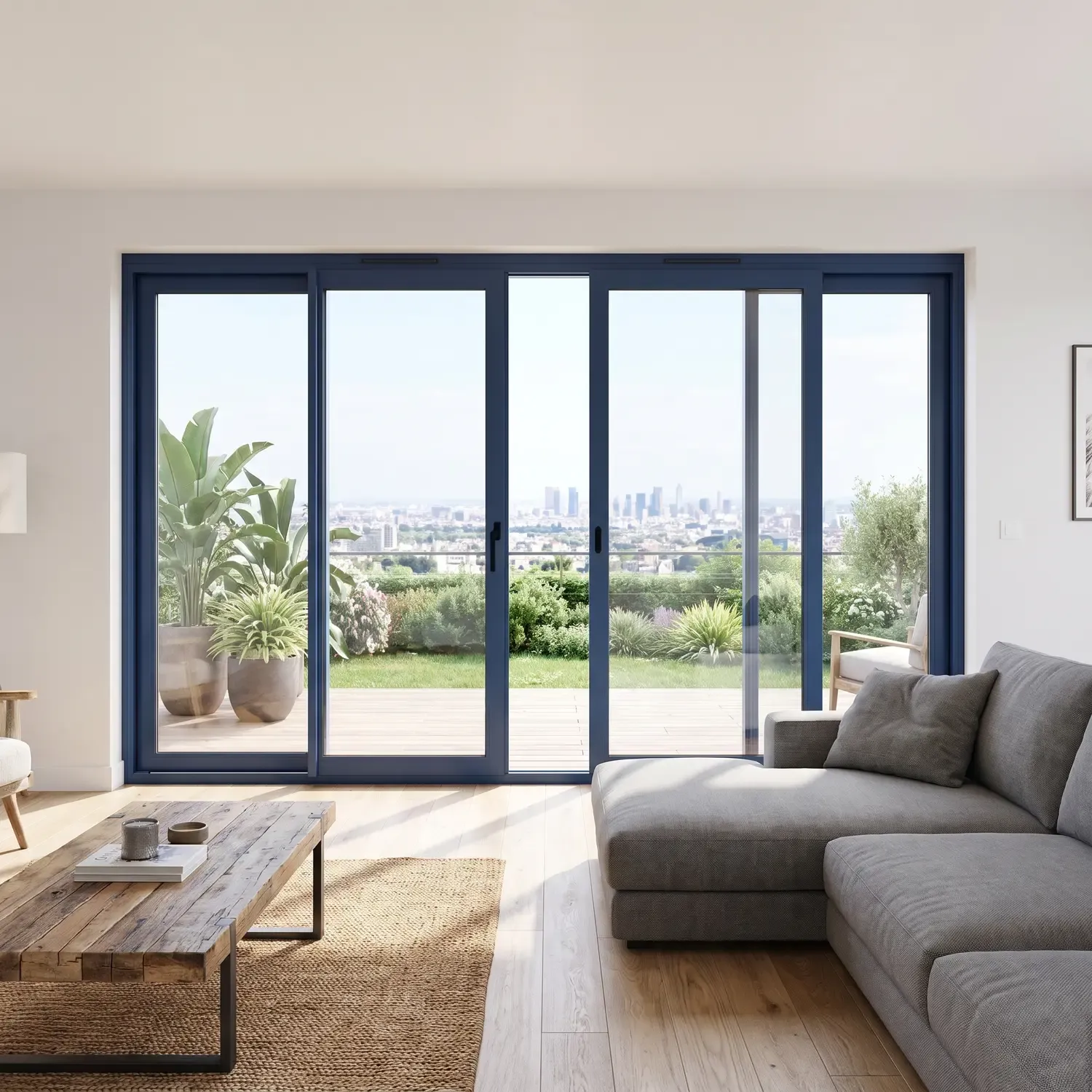 Séjour lumineux avec baie coulissante aluminium Lumine 65 à quatre vantaux, cadre bleu, ouvrant sur un jardin