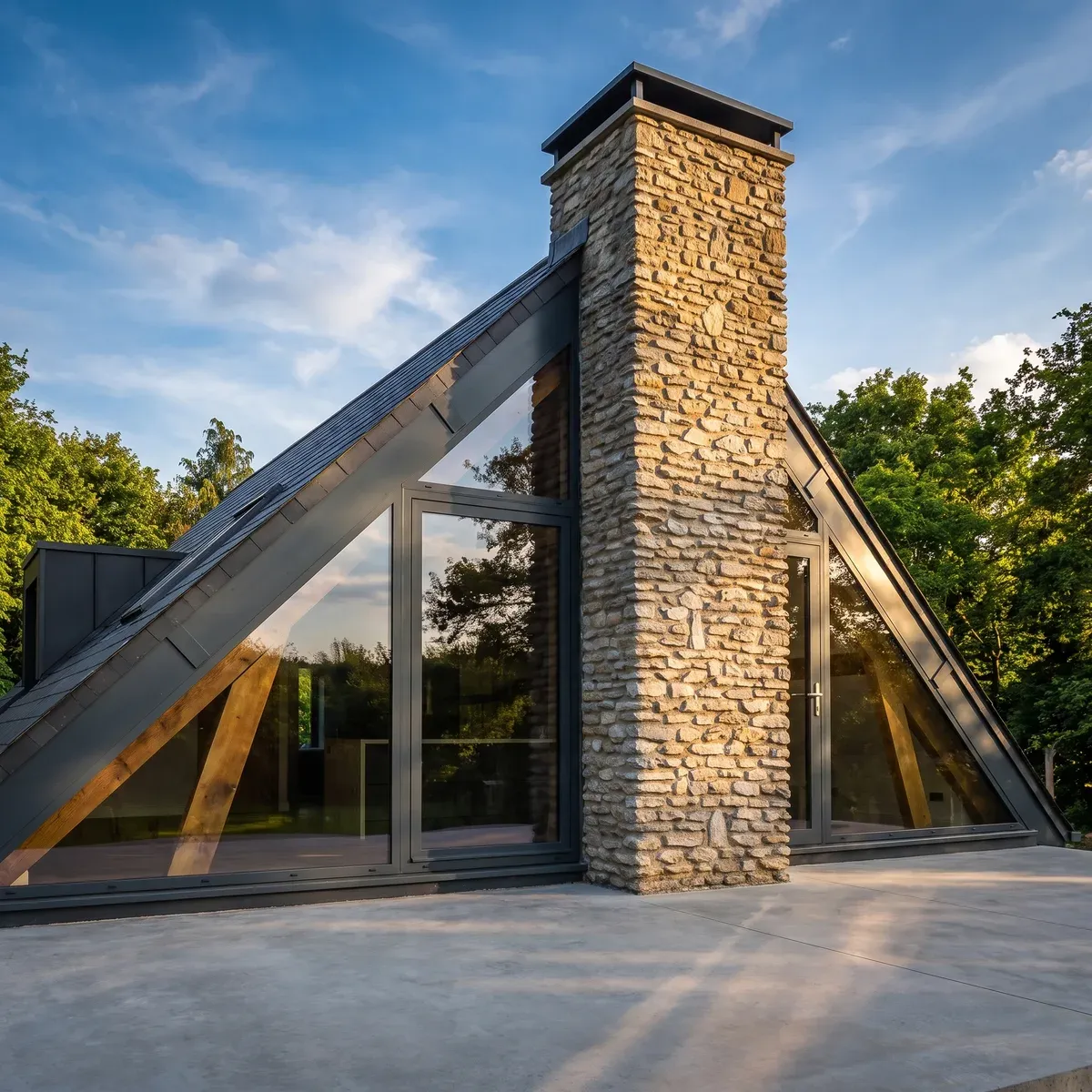 Maison contemporaine avec grande verrière aluminium Lumine, façade en pierre