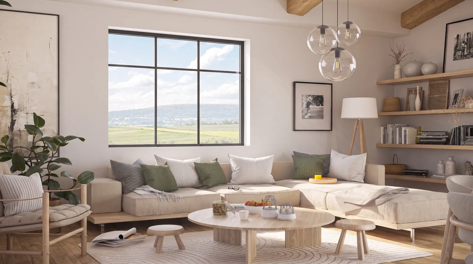 Salon lumineux avec grande fenêtre fixe aluminium Lumine 65 ouvrant sur la campagne