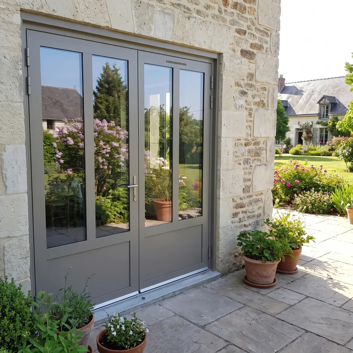 Porte-fenêtre aluminium Lumine 65 grise sur une terrasse en pierre