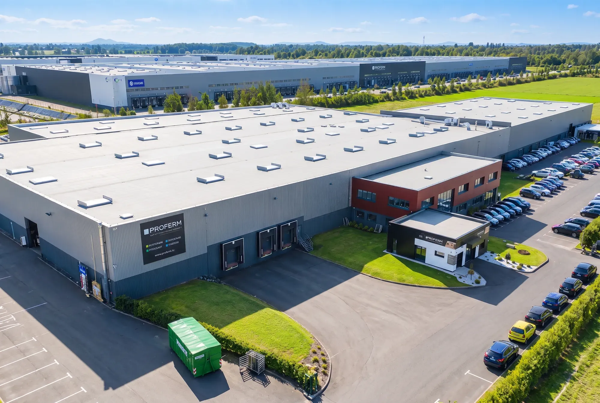 Vue aérienne de l'usine PROFERM de Douvrin, où sont fabriquées les menuiseries certifiées Origine France Garantie