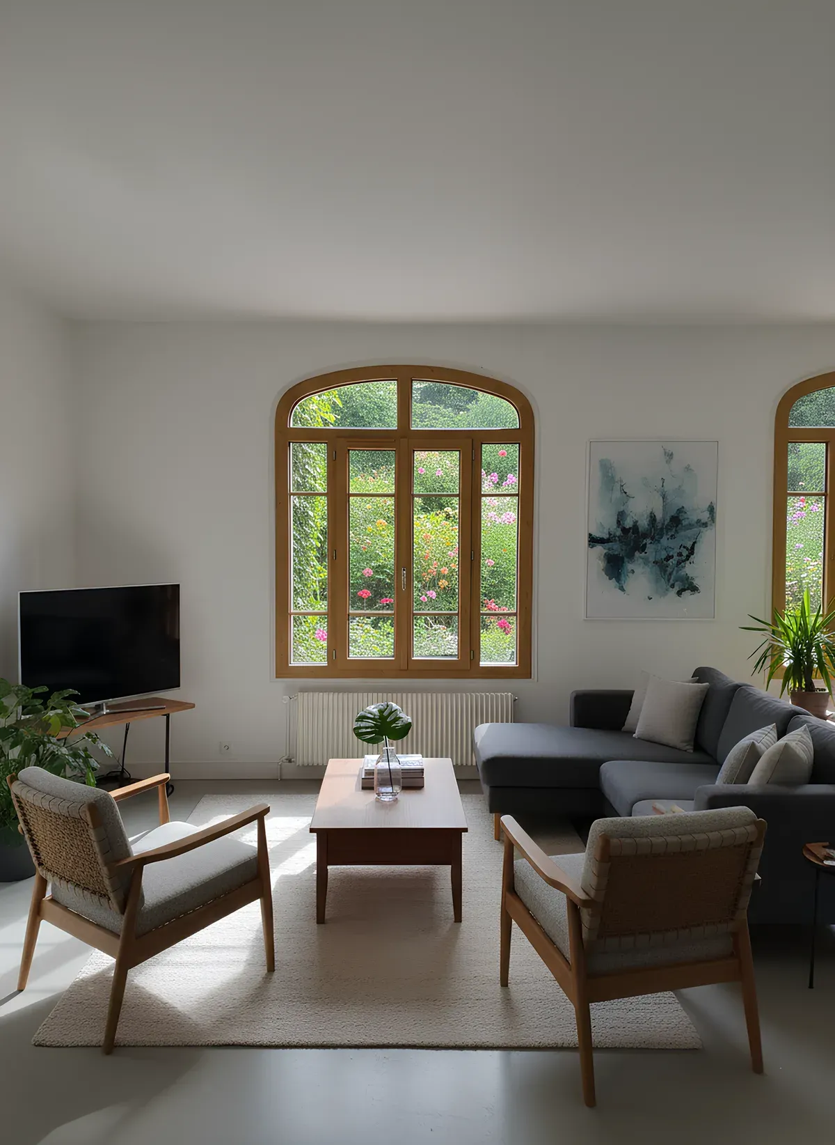 Salon avec fenêtre PVC Perform 70 cintrée, finition chêne irlandais, ouvrant sur un jardin fleuri