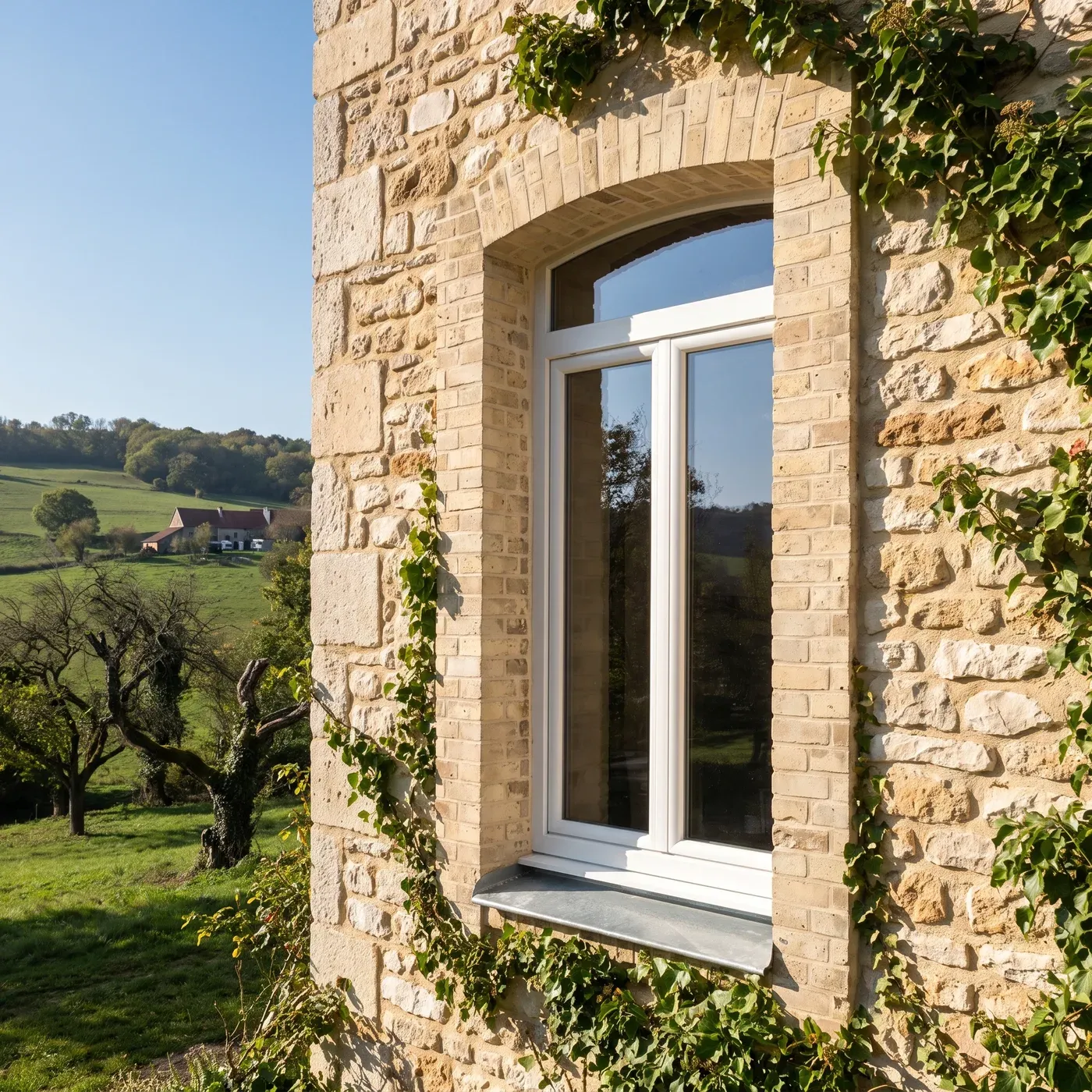 Fenêtre PVC Perform 76 blanche cintrée dans une façade en pierre, vue sur la campagne ensoleillée