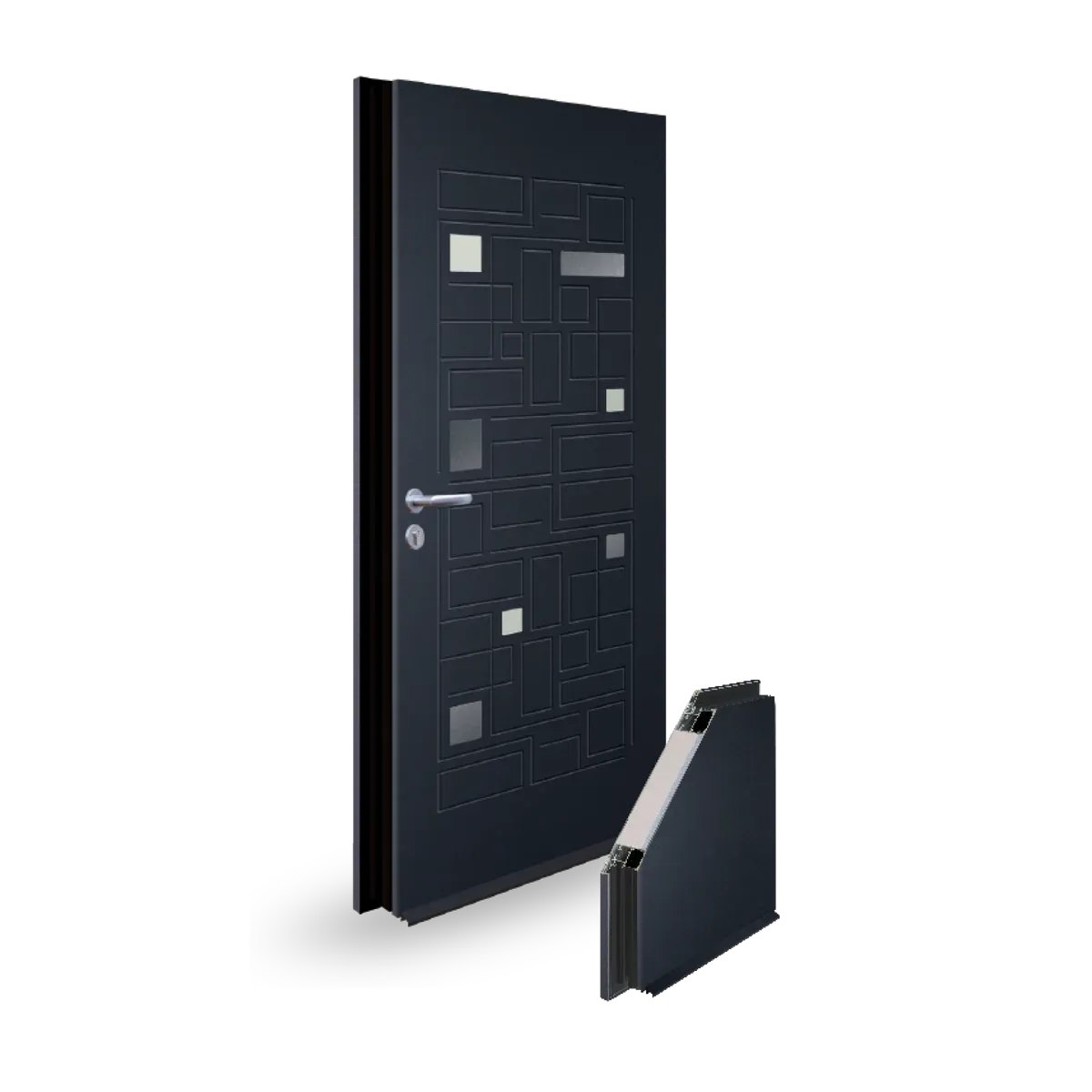 Vue d'angle d'un profil aluminium THERMALUX et de sa porte d'entrée monobloc PROFERM