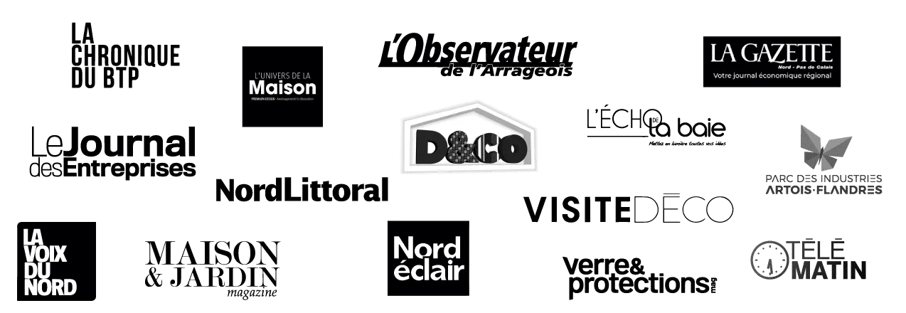 Médias qui parlent de PROFERM : La Voix du Nord, Nord Éclair, La Gazette, Le Journal des Entreprises, NordLittoral, Maison & Jardin, D&CO, Visite Déco, Télé Matin, verre & protections, La Chronique du BTP…