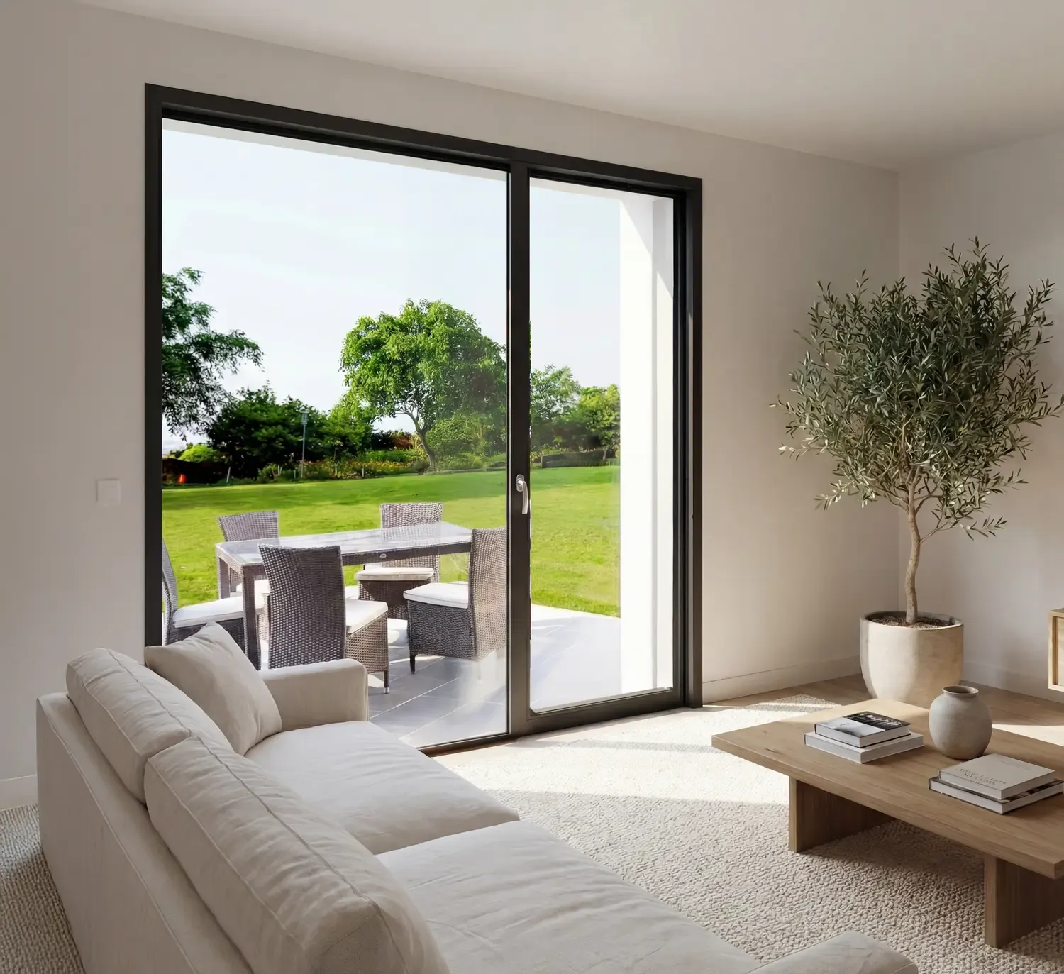 Séjour contemporain ouvrant sur le jardin par un grand coulissant aluminium Soléal 55 à cadre fin noir