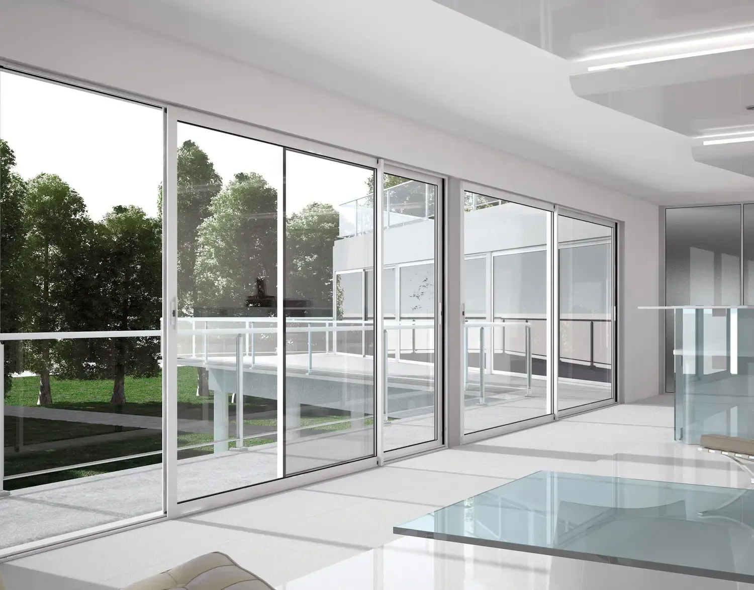 Séjour contemporain ouvrant sur une terrasse par une baie coulissante aluminium PROFERM