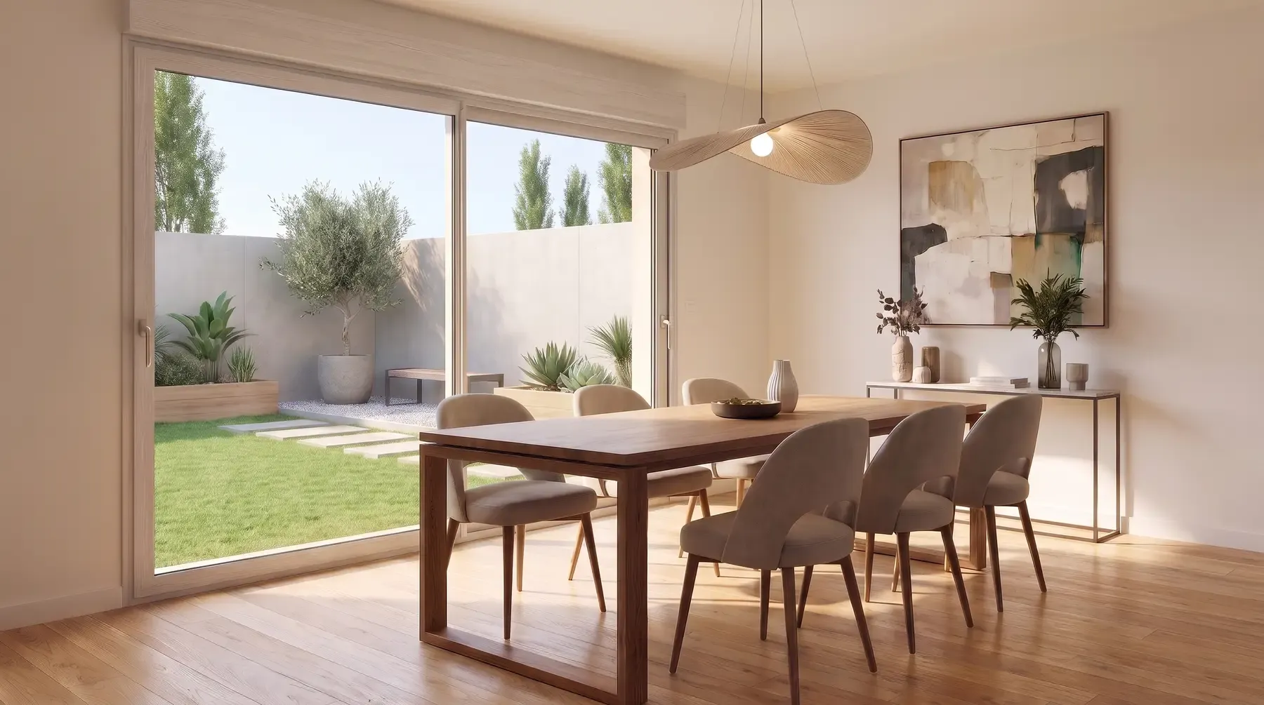 Salle à manger contemporaine ouvrant sur un jardin par une grande baie coulissante aluminium Textural à finition bois clair
