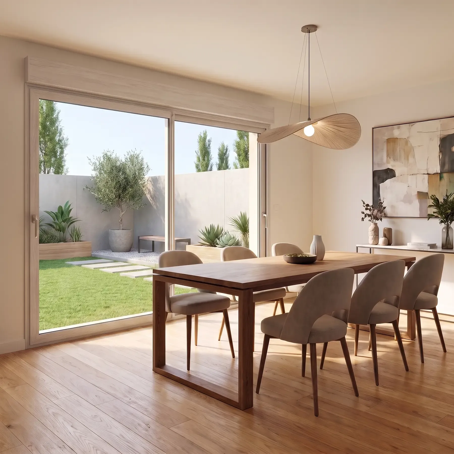 Salle à manger lumineuse ouvrant sur un jardin par une grande baie coulissante aluminium Textural, finition bois clair Teck de Java