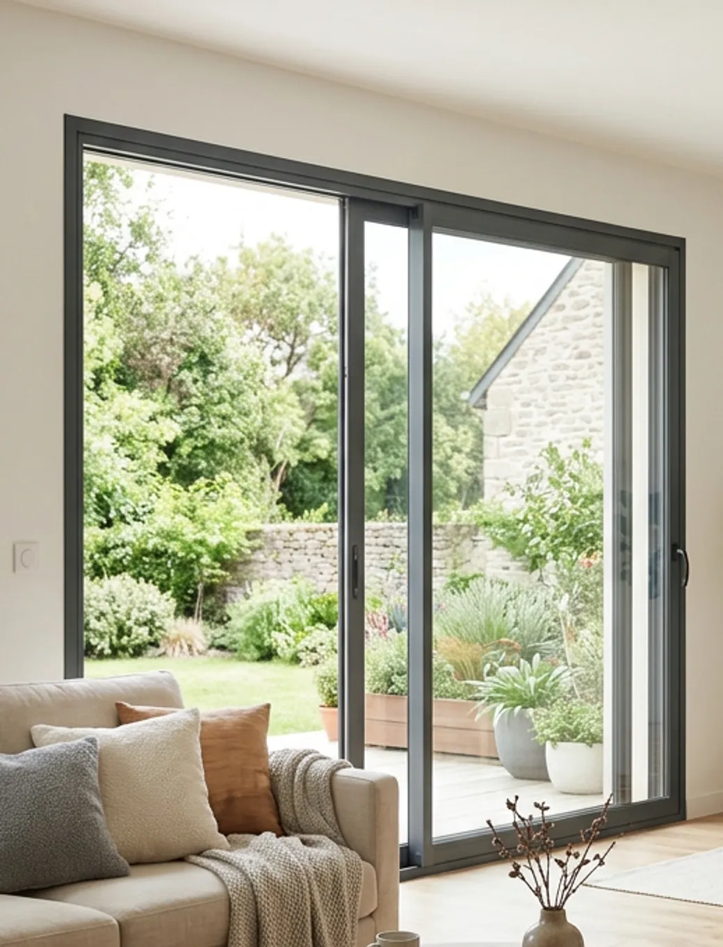 Baie coulissante aluminium grise ouvrant sur un jardin