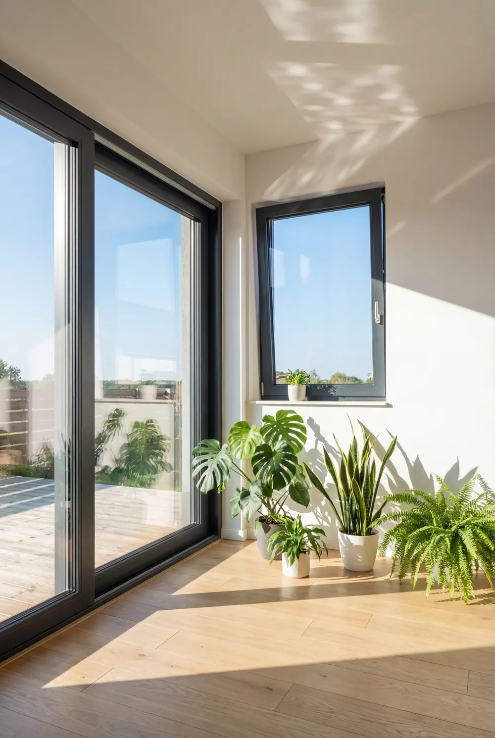 Fenêtres et baie aluminium neuves dans un intérieur lumineux